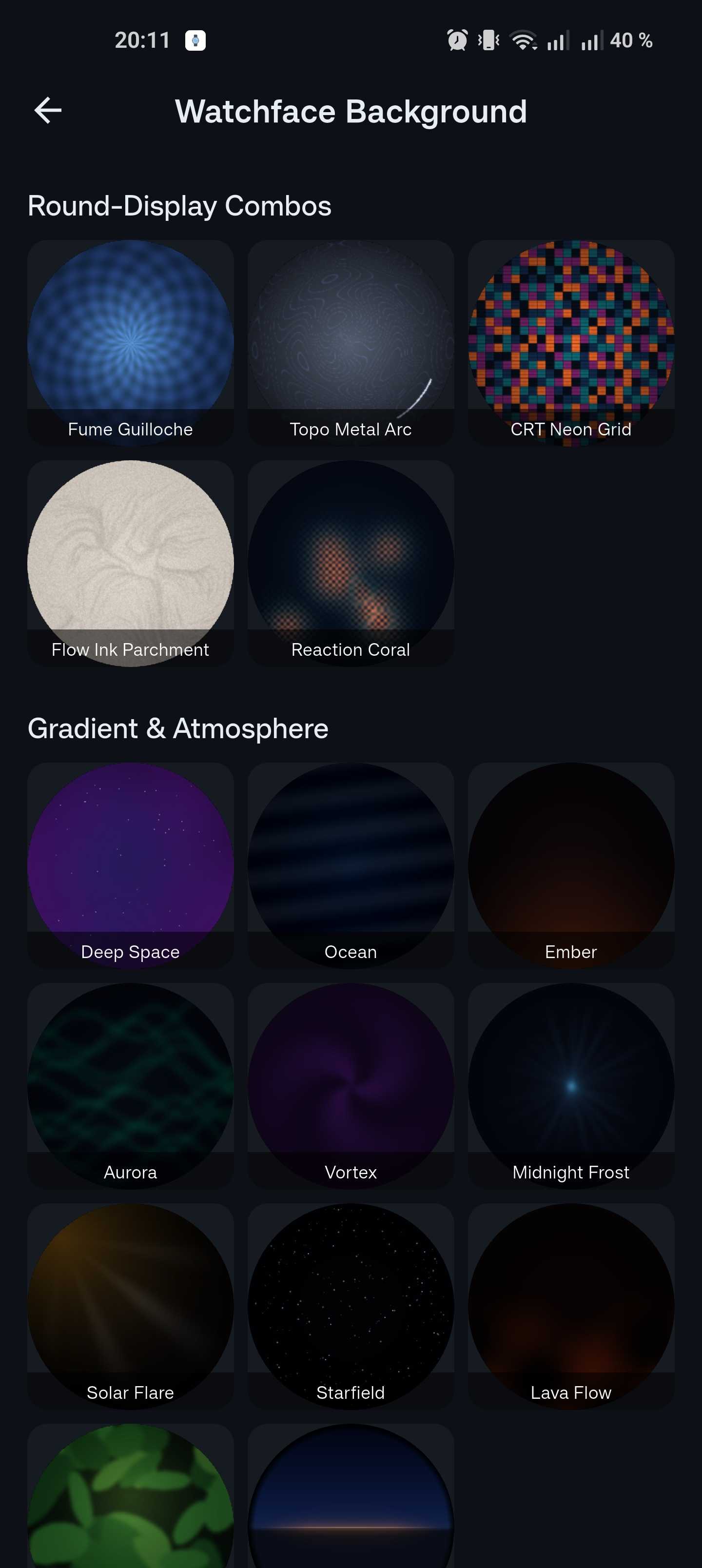 ZSWatch companion app showing pre-made watchface backgrounds