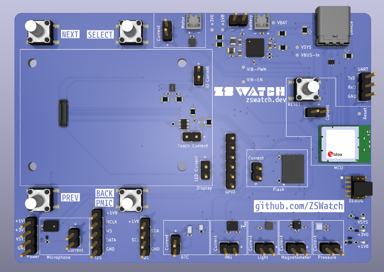 ZSWatch Devkit render with labeled components